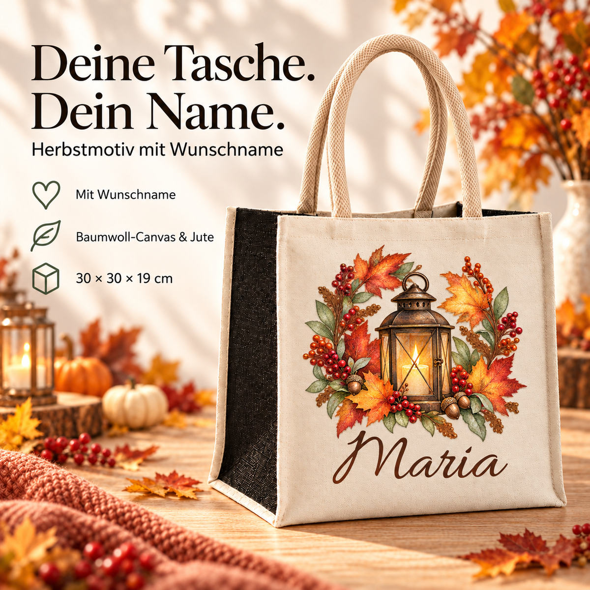 Personalisierte Tasche mit Laterne im Herbstkranz, Größen- und Materialangaben