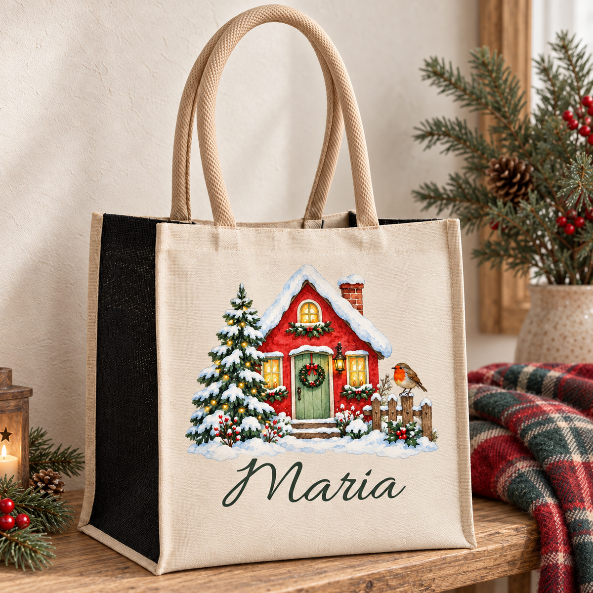 Personalisierte Tasche mit Motiv „Winterhäuschen mit Rotkehlchen“ auf einer Holzbank neben winterlicher Dekoration.