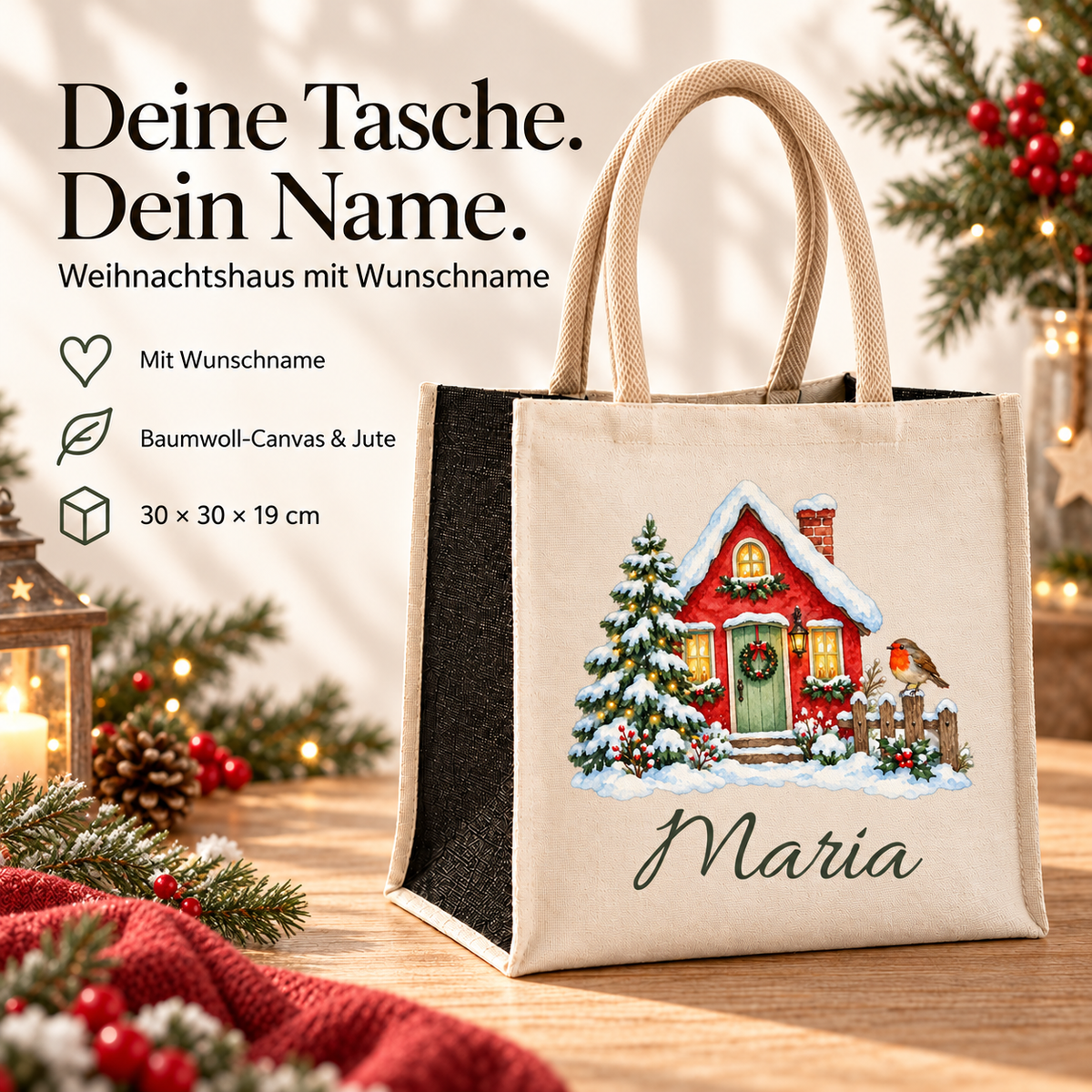 Produktübersicht zur Tasche mit Motiv „Winterhäuschen mit Rotkehlchen“: Wunschname, Baumwoll-Canvas und Jute sowie Maße.