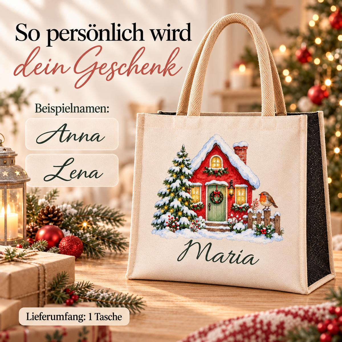 Tasche mit Motiv „Winterhäuschen mit Rotkehlchen“ und Wunschname; daneben Schriftbeispiele für die Personalisierung.