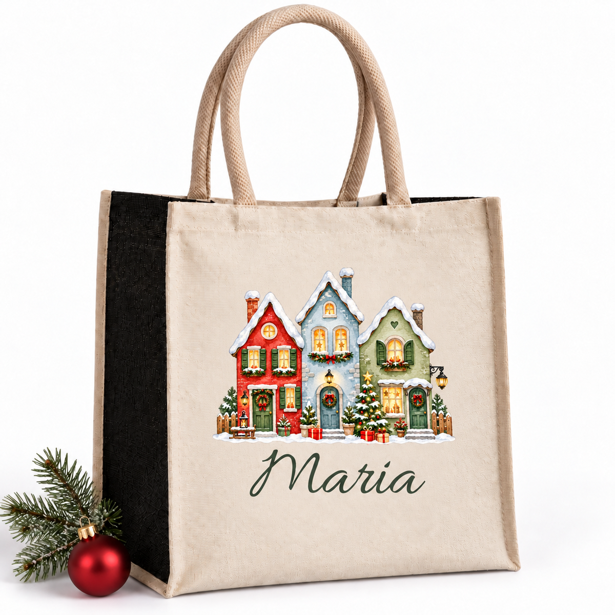 Naturfarbene Tasche mit schwarzen Seiten, Motiv Bunte Weihnachtshäuserzeile und personalisiertem Wunschnamen.