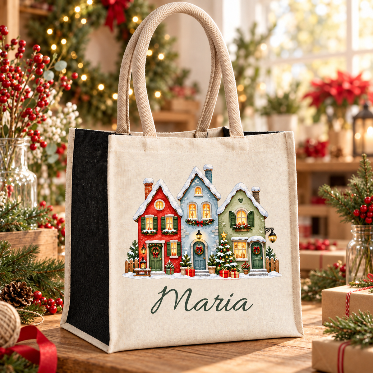 Tasche mit Motiv „Bunte Weihnachtshäuserzeile“ und Wunschname auf einem weihnachtlich dekorierten Arbeitstisch.