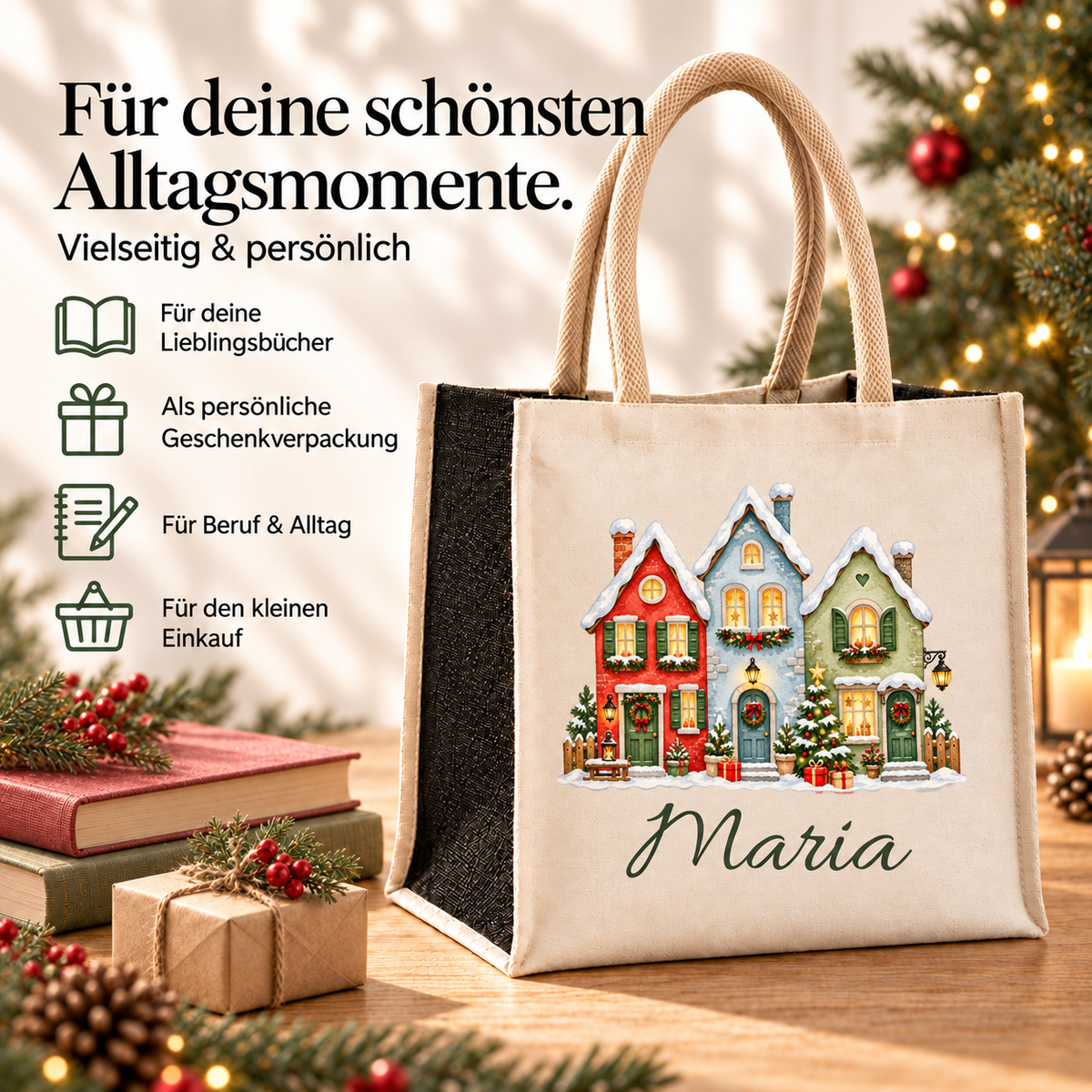 Tasche mit Motiv „Bunte Weihnachtshäuserzeile“ und Ideen für Bücher, Geschenkverpackung, Alltag und kleine Einkäufe.