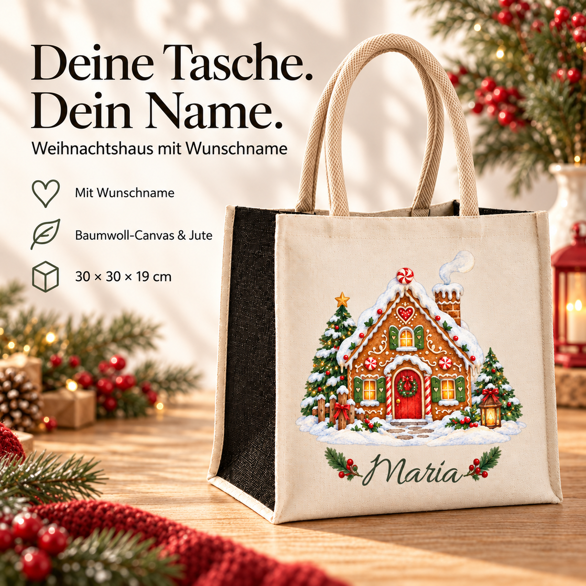 Produktübersicht zur Tasche mit Motiv „Lebkuchenhäuschen“: Wunschname, Baumwoll-Canvas und Jute sowie Maße.