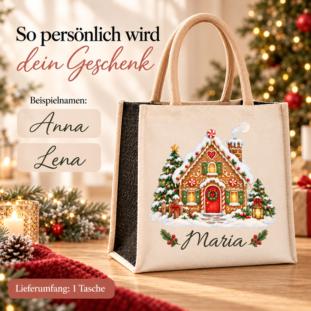 Tasche mit Motiv „Lebkuchenhäuschen“ und Wunschname; daneben Schriftbeispiele für die Personalisierung.