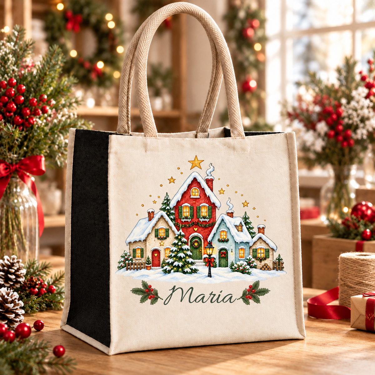 Tasche mit Motiv „Kleines Weihnachtsdorf“ und Wunschname auf einem weihnachtlich dekorierten Arbeitstisch.
