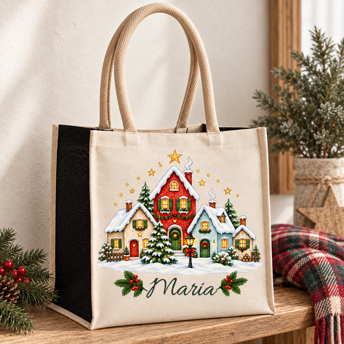 Personalisierte Tasche mit Motiv „Kleines Weihnachtsdorf“ auf einer Holzbank neben winterlicher Dekoration.
