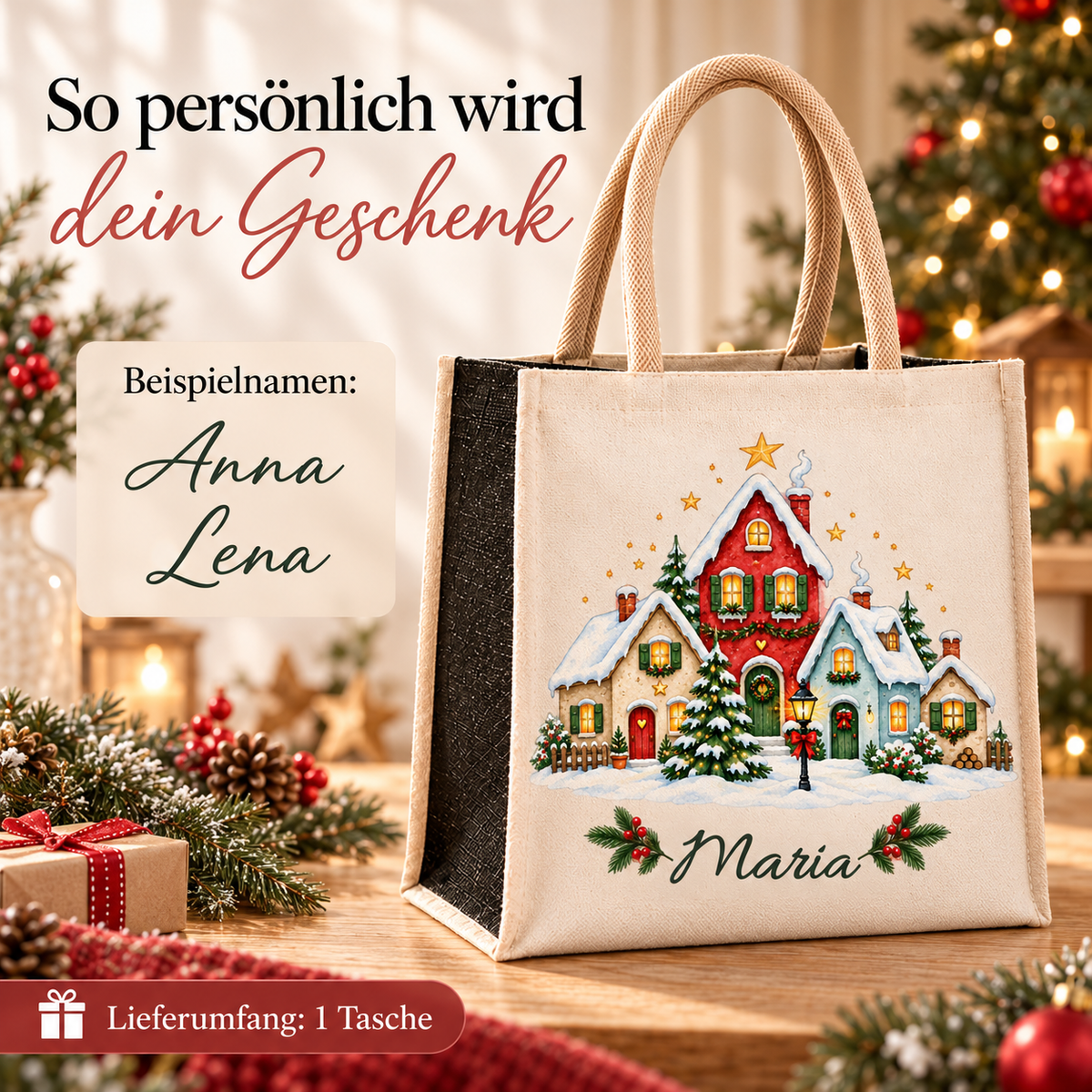 Tasche mit Motiv „Kleines Weihnachtsdorf“ und Wunschname; daneben Schriftbeispiele für die Personalisierung.