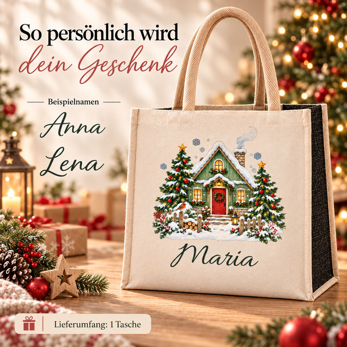 Tasche mit Motiv „Waldhäuschen mit Tannen“ und Wunschname; daneben Schriftbeispiele für die Personalisierung.