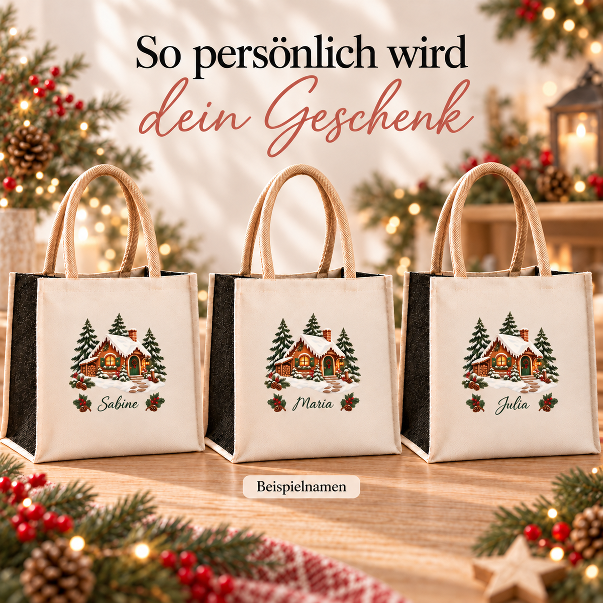 Weihnachtstasche mit Namen – Lebkuchenhaus Waldhäuschen – Produktansicht 6