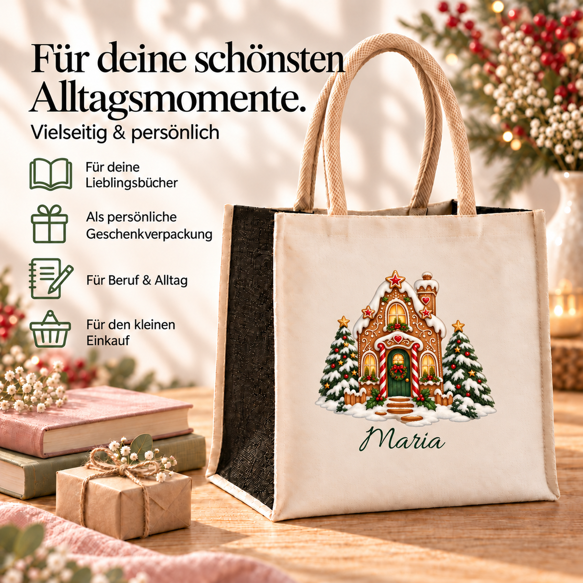 Weihnachtstasche mit Namen – Lebkuchenhaus Zuckerstangenhaus – Produktansicht 5