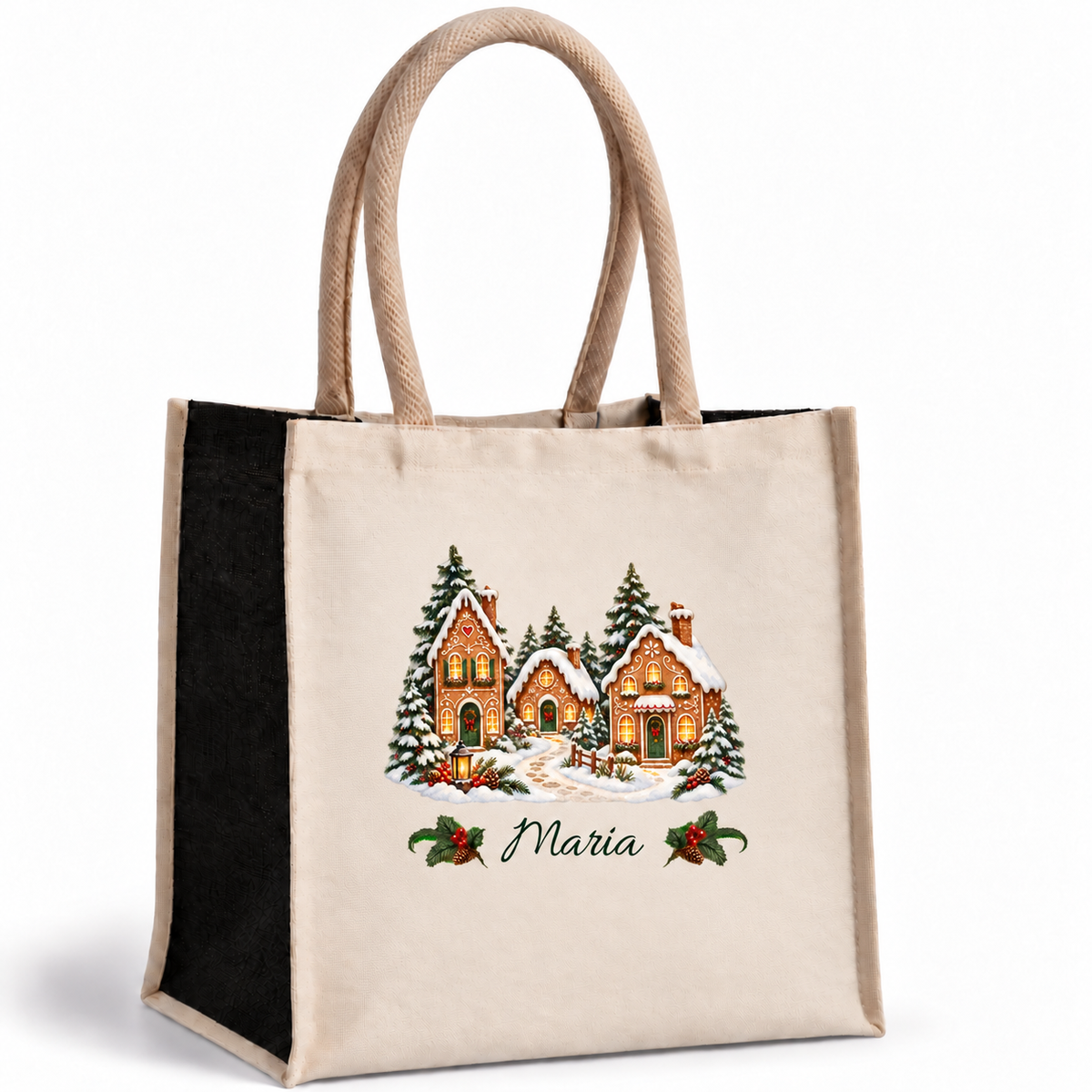 Weihnachtstasche mit Namen – Lebkuchen-Winterdorf – Produktansicht 1