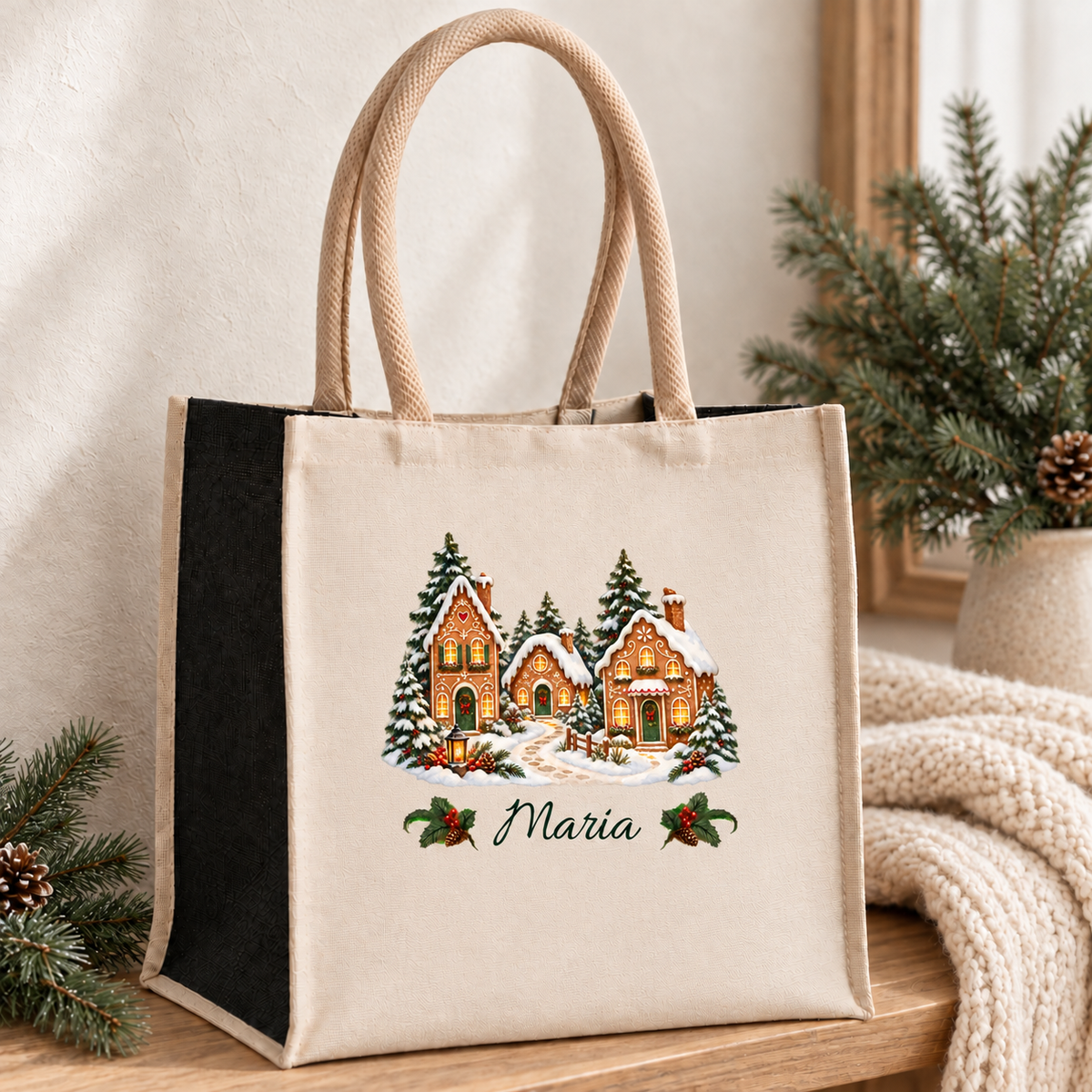 Weihnachtstasche mit Namen – Lebkuchen-Winterdorf – Produktansicht 3