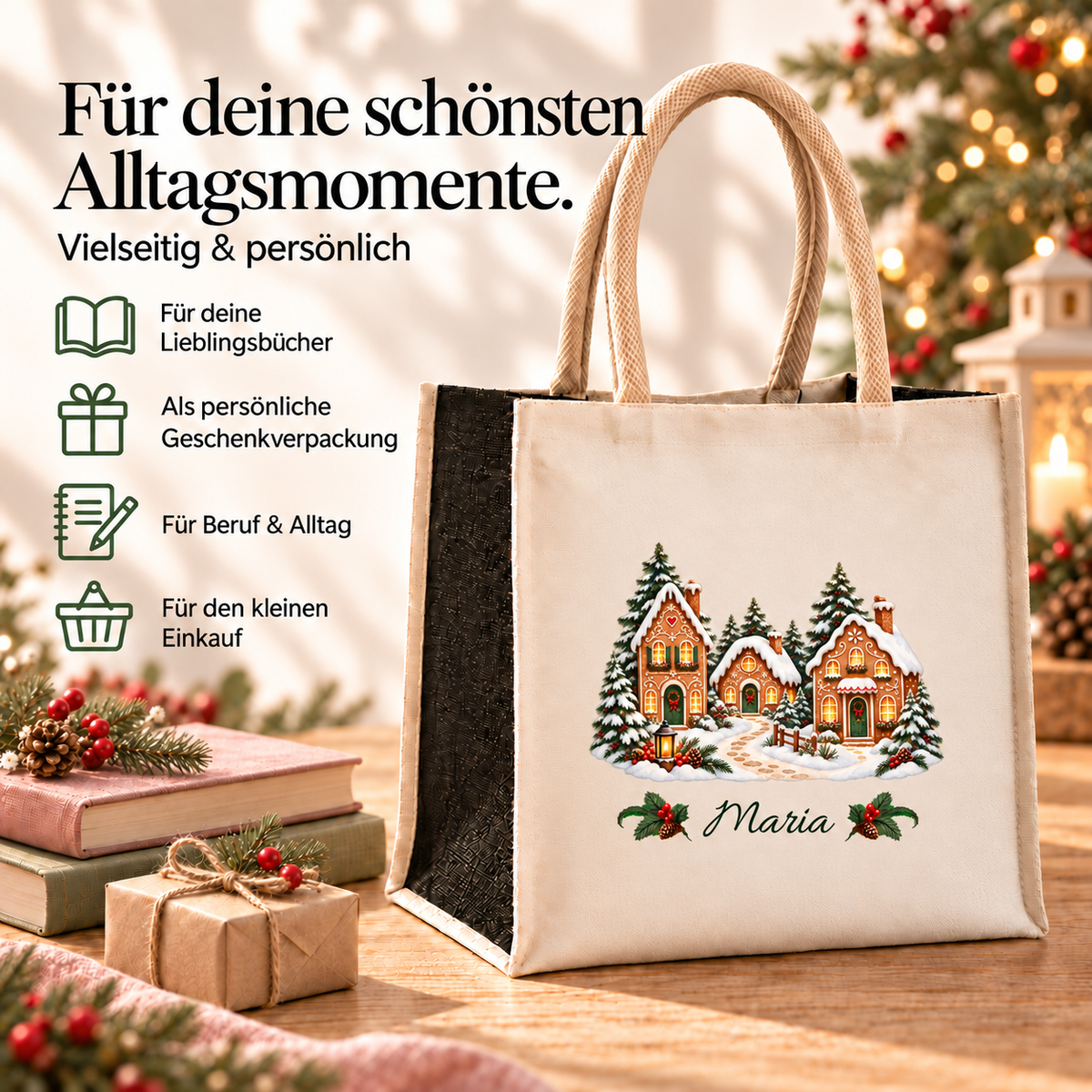 Weihnachtstasche mit Namen – Lebkuchen-Winterdorf – Produktansicht 5