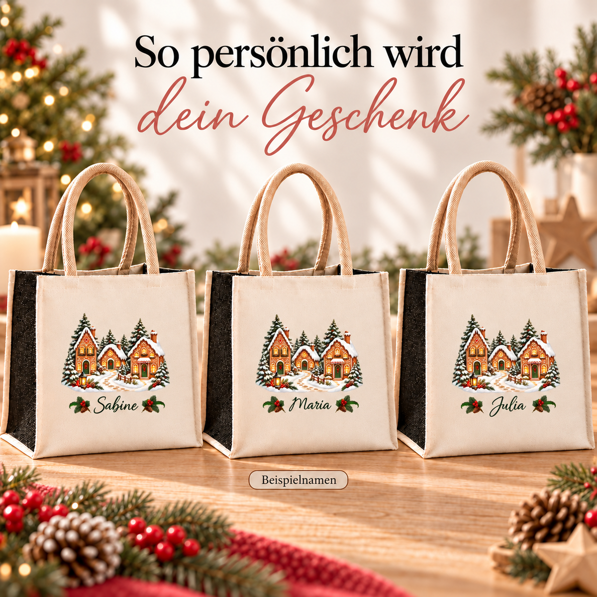 Weihnachtstasche mit Namen – Lebkuchen-Winterdorf – Produktansicht 6