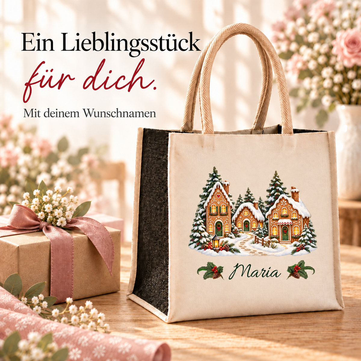 Weihnachtstasche mit Namen – Lebkuchen-Winterdorf – Produktansicht 7