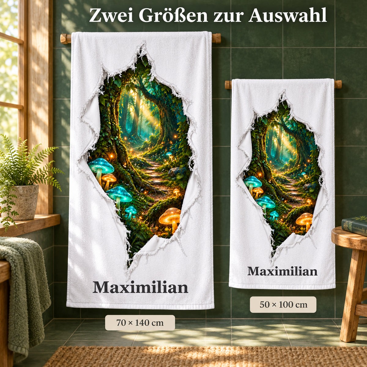 Zwei Größen des Handtuchs mit Zauberwald-Motiv im Vergleich: 70 × 140 cm und 50 × 100 cm.