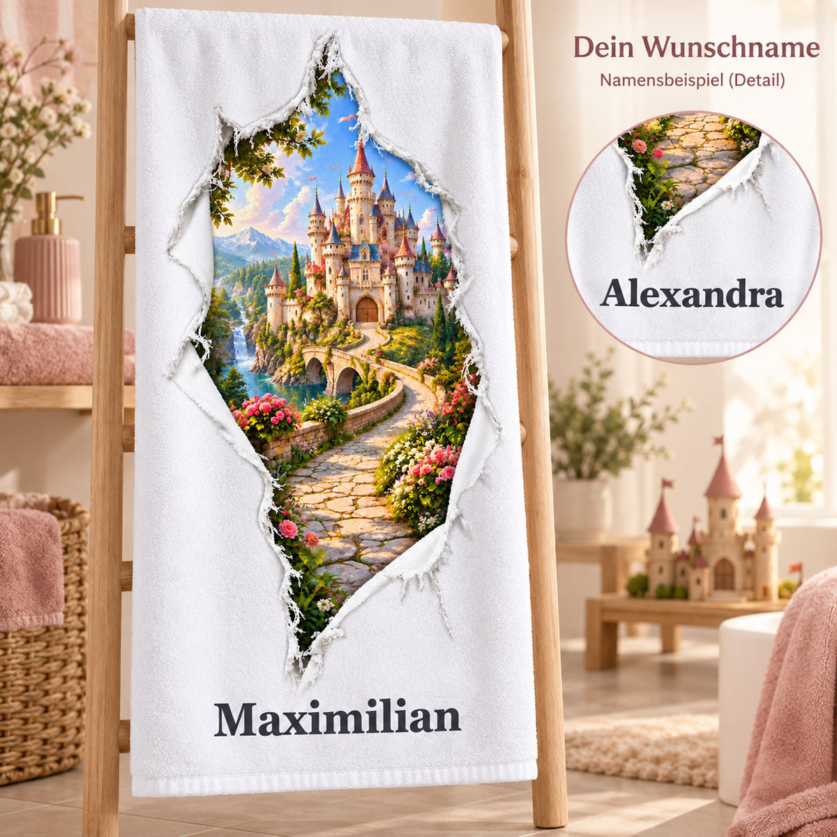 Handtuch mit Märchenschloss-Aufdruck und vergrößertem Namensdetail zur Personalisierung.