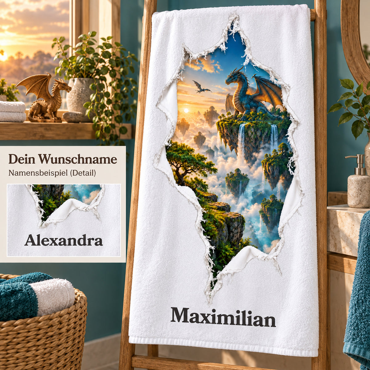 Handtuch mit Dracheninsel-Aufdruck und vergrößertem Namensdetail zur Personalisierung.