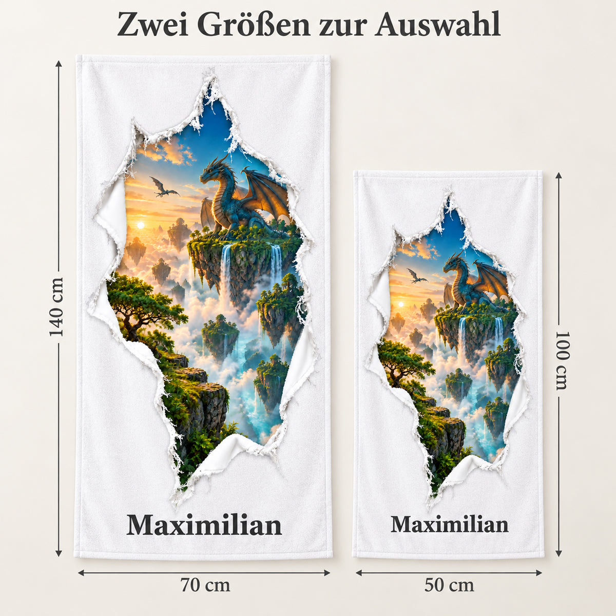 Zwei Größen des Handtuchs mit Dracheninsel-Motiv im Vergleich: 70 × 140 cm und 50 × 100 cm.