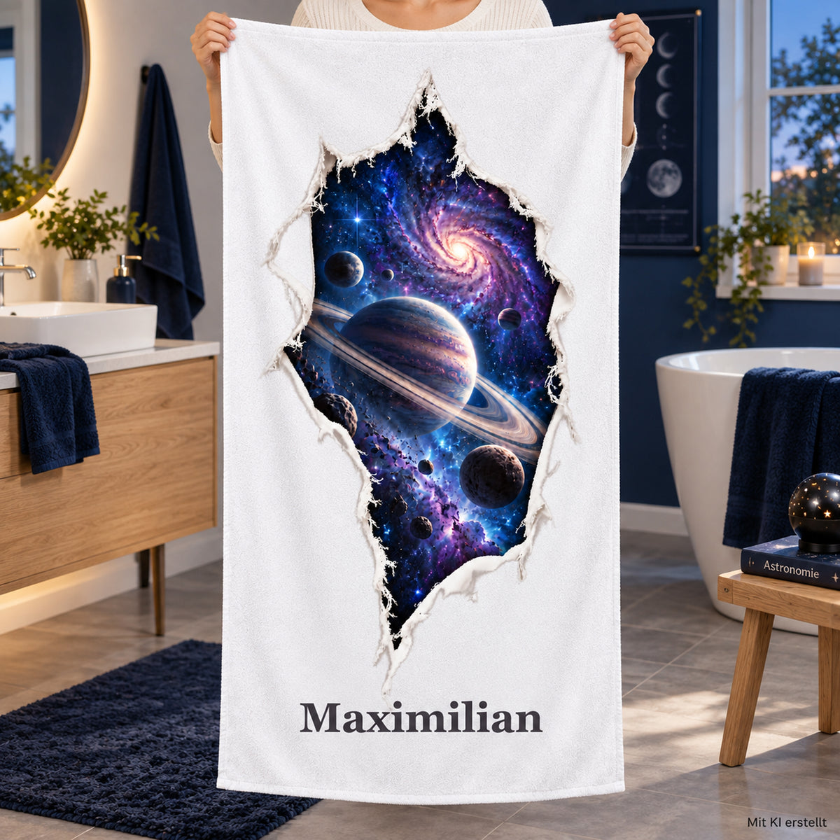 Person hält ein weißes Handtuch mit Galaxie-Motiv und Wunschname im Badezimmer.