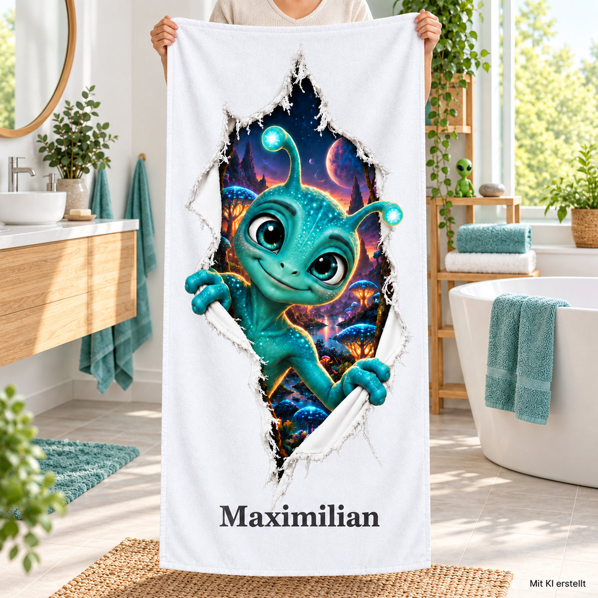 Person hält ein weißes Handtuch mit Freundlicher Alien-Motiv und Wunschname im Badezimmer.