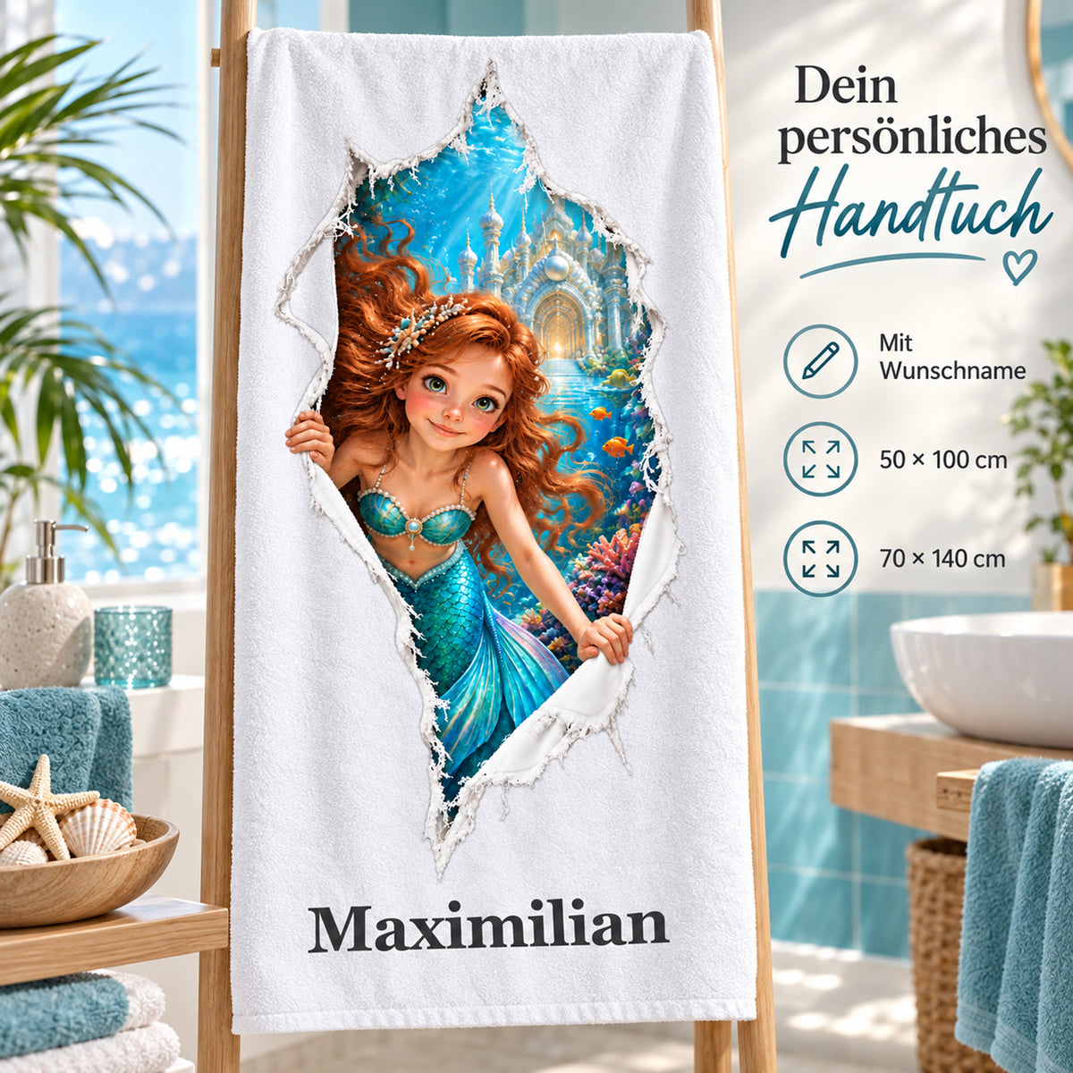 Handtuch mit Meerjungfrau-Motiv, Wunschname und Angaben zu den beiden wählbaren Größen.