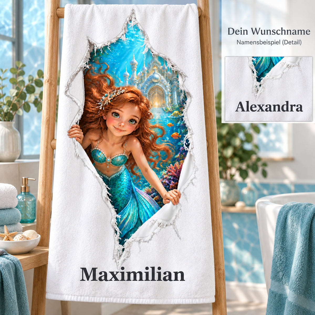 Handtuch mit Meerjungfrau-Aufdruck und vergrößertem Namensdetail zur Personalisierung.