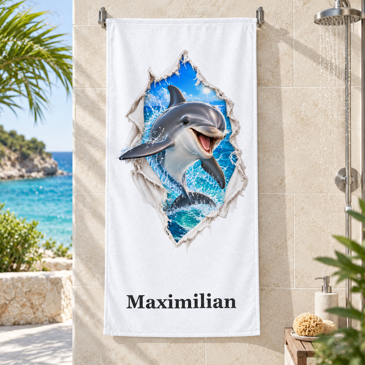 Handtuch mit einem Delfin und Wunschname an einer Handtuchstange in maritimer Umgebung.