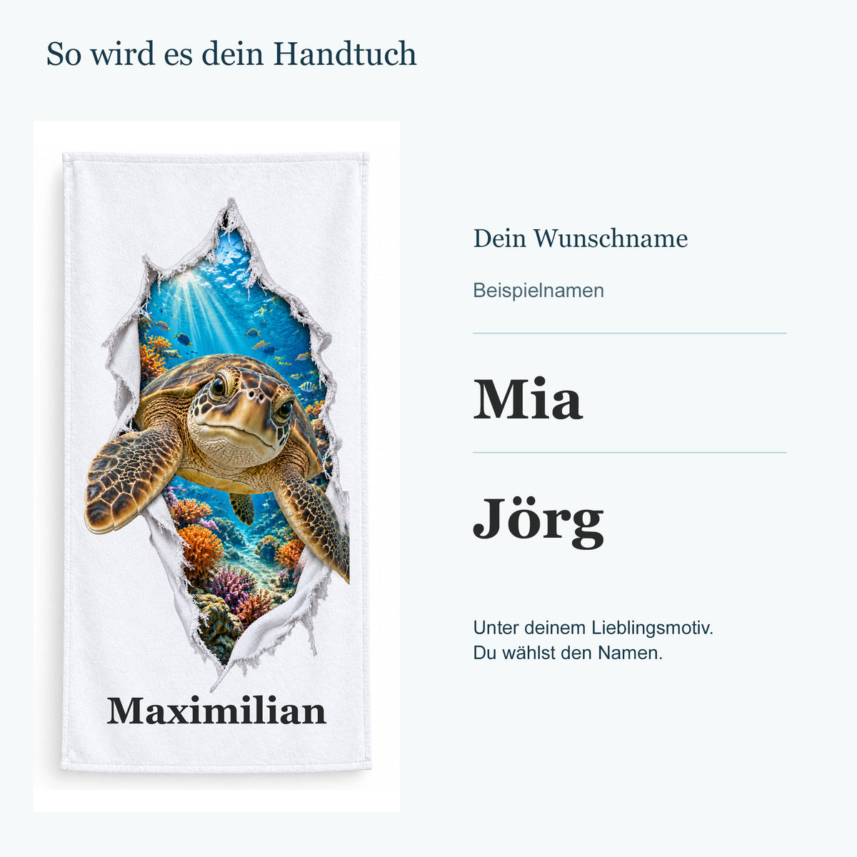 Handtuch mit einer Meeresschildkröte neben getrennten Beispielnamen in kräftiger Serifenschrift.