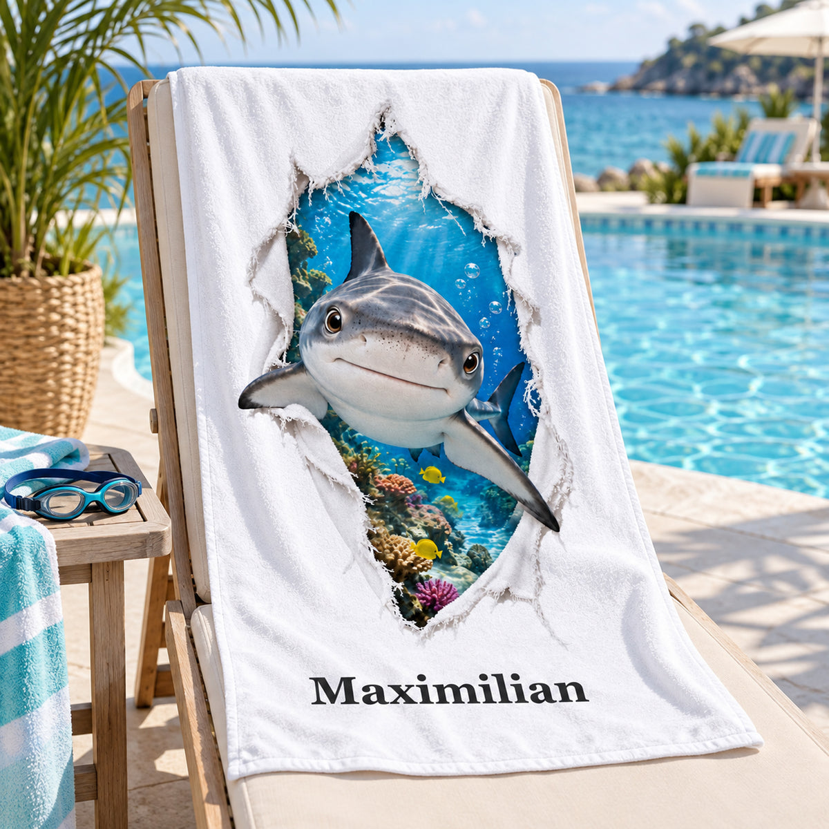 Handtuch mit einem freundlichen Hai und Wunschname in einer Szene am Wasser.