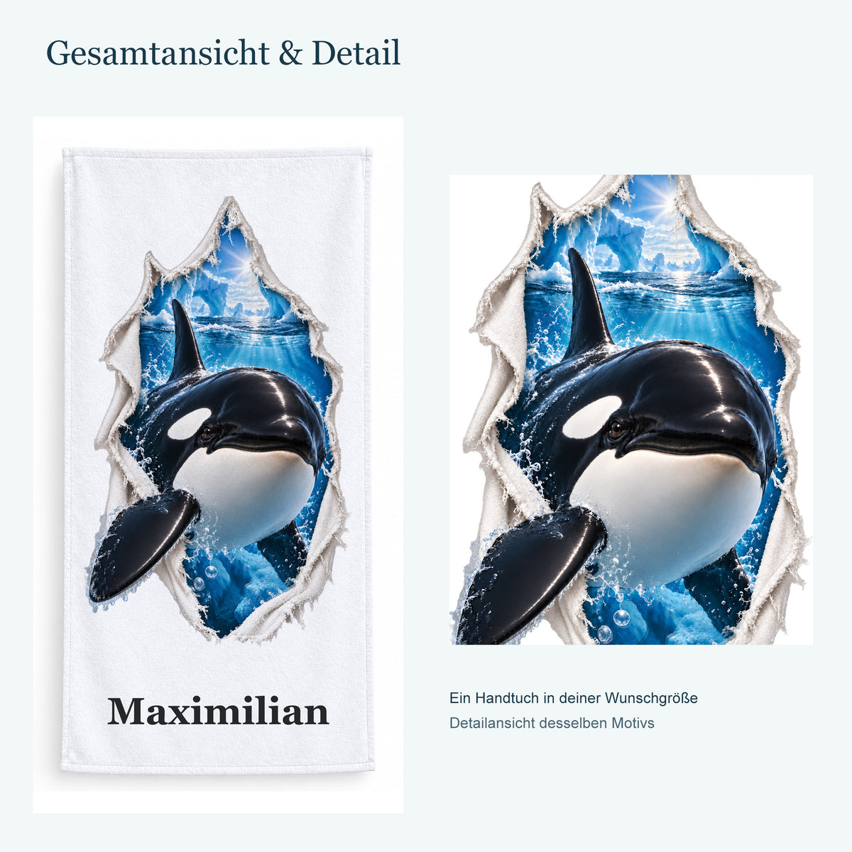 Ganzes Handtuch mit einem Orca und vergrößerter Detailansicht desselben Druckmotivs.