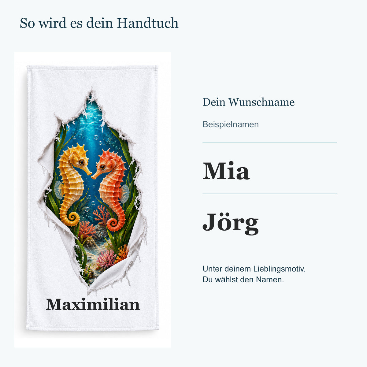 Handtuch mit zwei Seepferdchen neben getrennten Beispielnamen in kräftiger Serifenschrift.