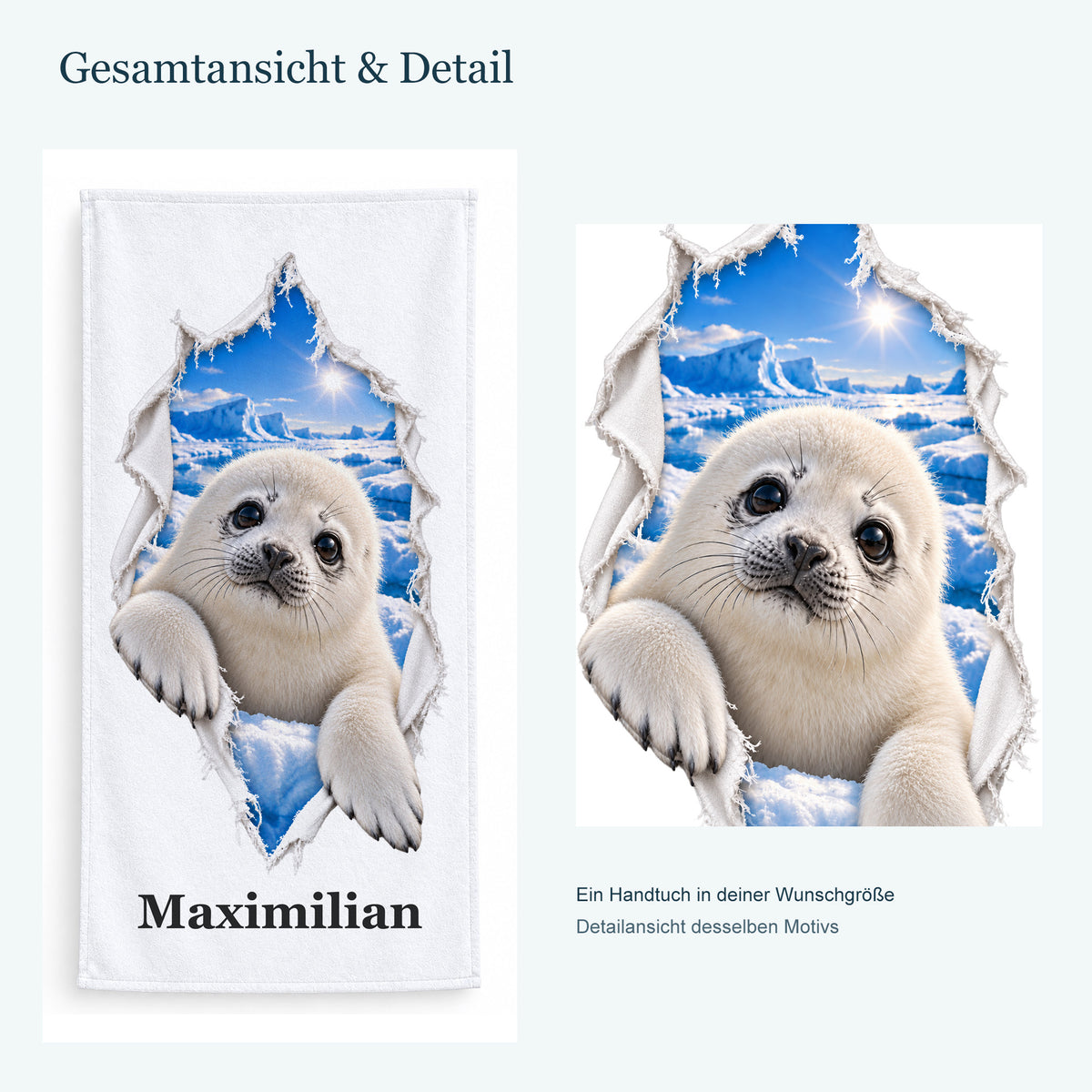 Ganzes Handtuch mit einem Robbenbaby und vergrößerter Detailansicht desselben Druckmotivs.