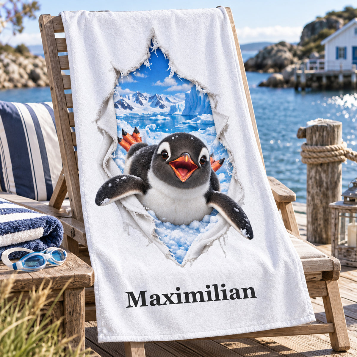 Handtuch mit einem Pinguin und Wunschname in einer Szene am Wasser.