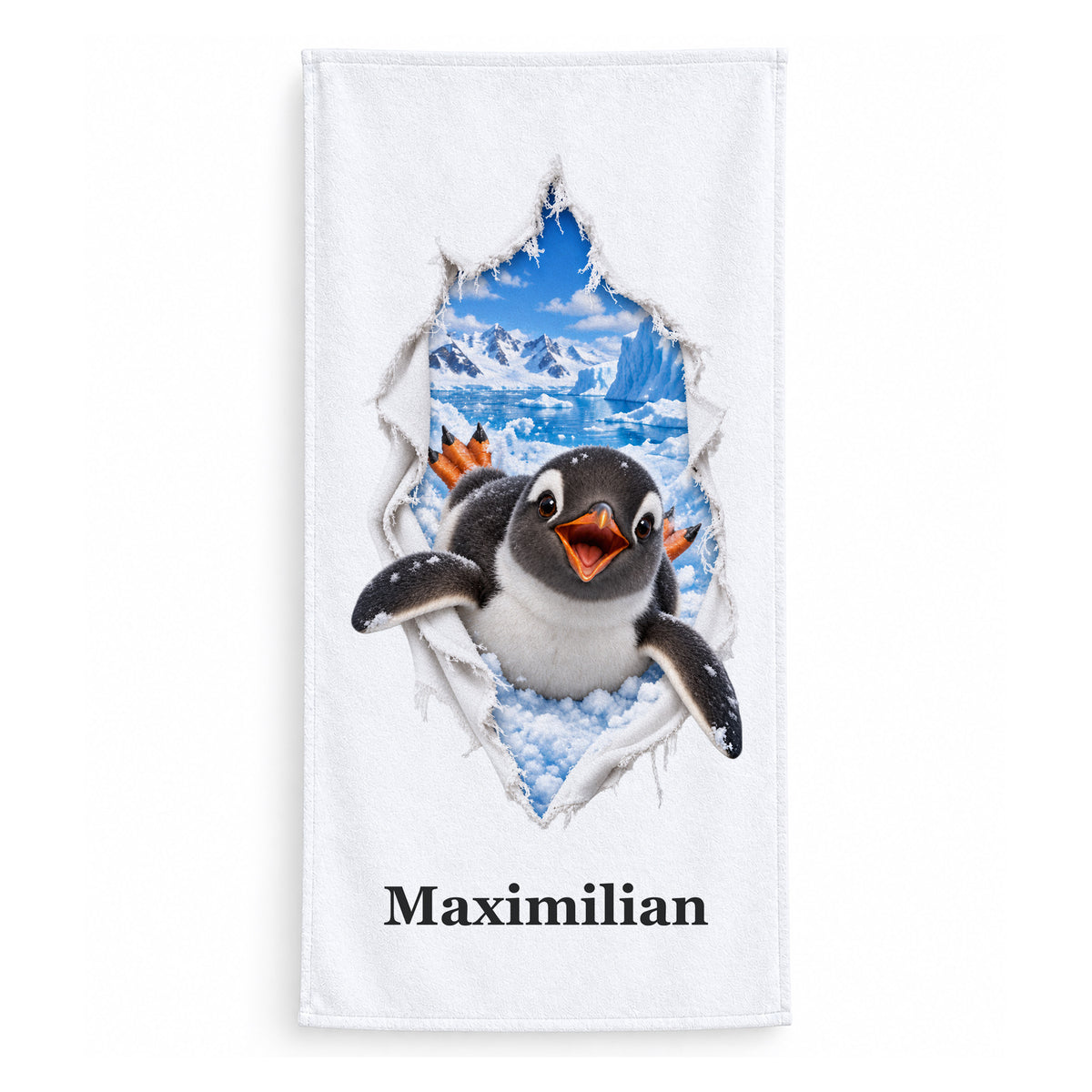 Kleine Handtuchgröße 50 × 100 cm mit Pinguin und Wunschname auf weißem Hintergrund.