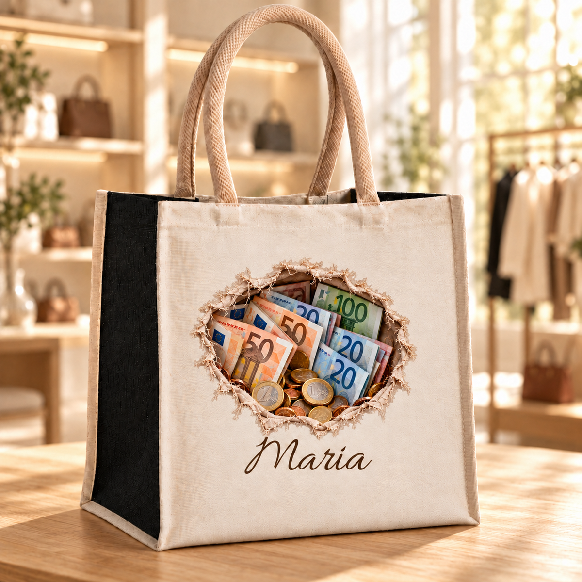Shoppingtasche mit Wunschname und Motiv „Scheine und Münzen“ auf einem Holztisch in einer hellen Boutique.