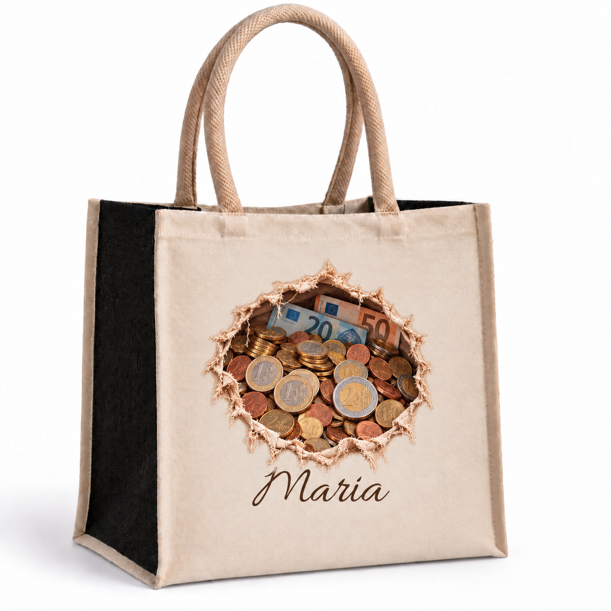 Shoppingtasche mit Wunschname, schwarzen Seiten und Geldmotiv: viele Münzen mit Geldscheinen im Hintergrund.
