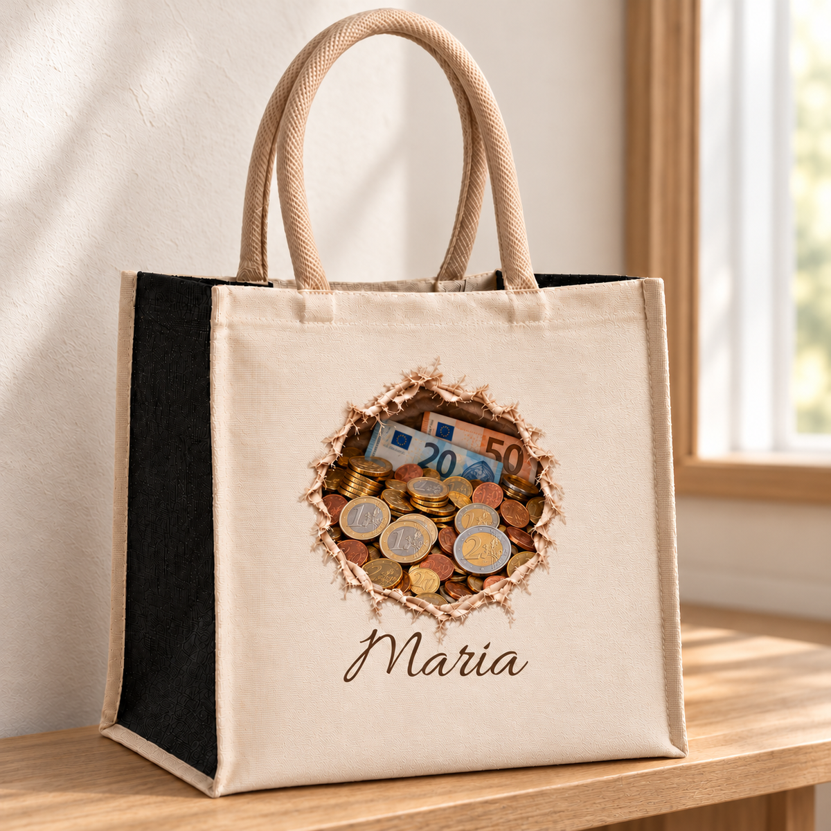 Tasche mit Wunschname und Motiv „Münzfüllung“ auf einer Holzbank im Sonnenlicht.