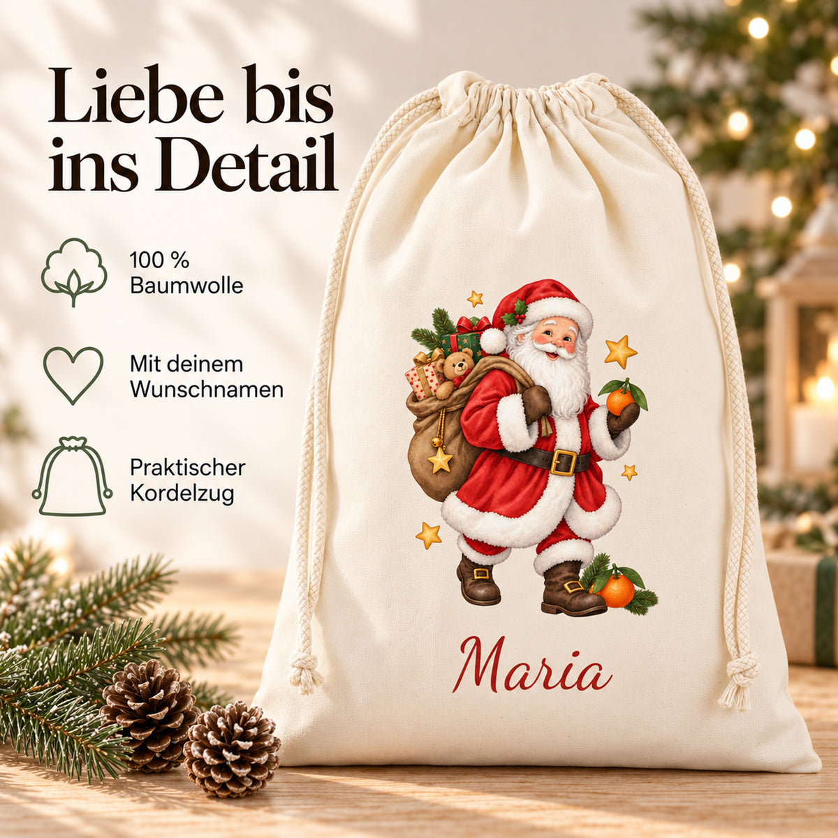 Personalisierter Nikolaus-Beutel mit Angaben zu Baumwolle, Wunschname und Kordelzug