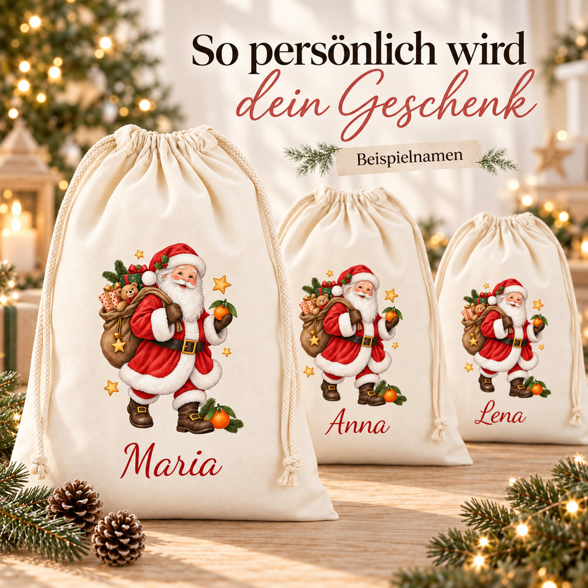Drei Nikolaus-Geschenksäcke mit verschiedenen Beispielnamen in roter Schrift