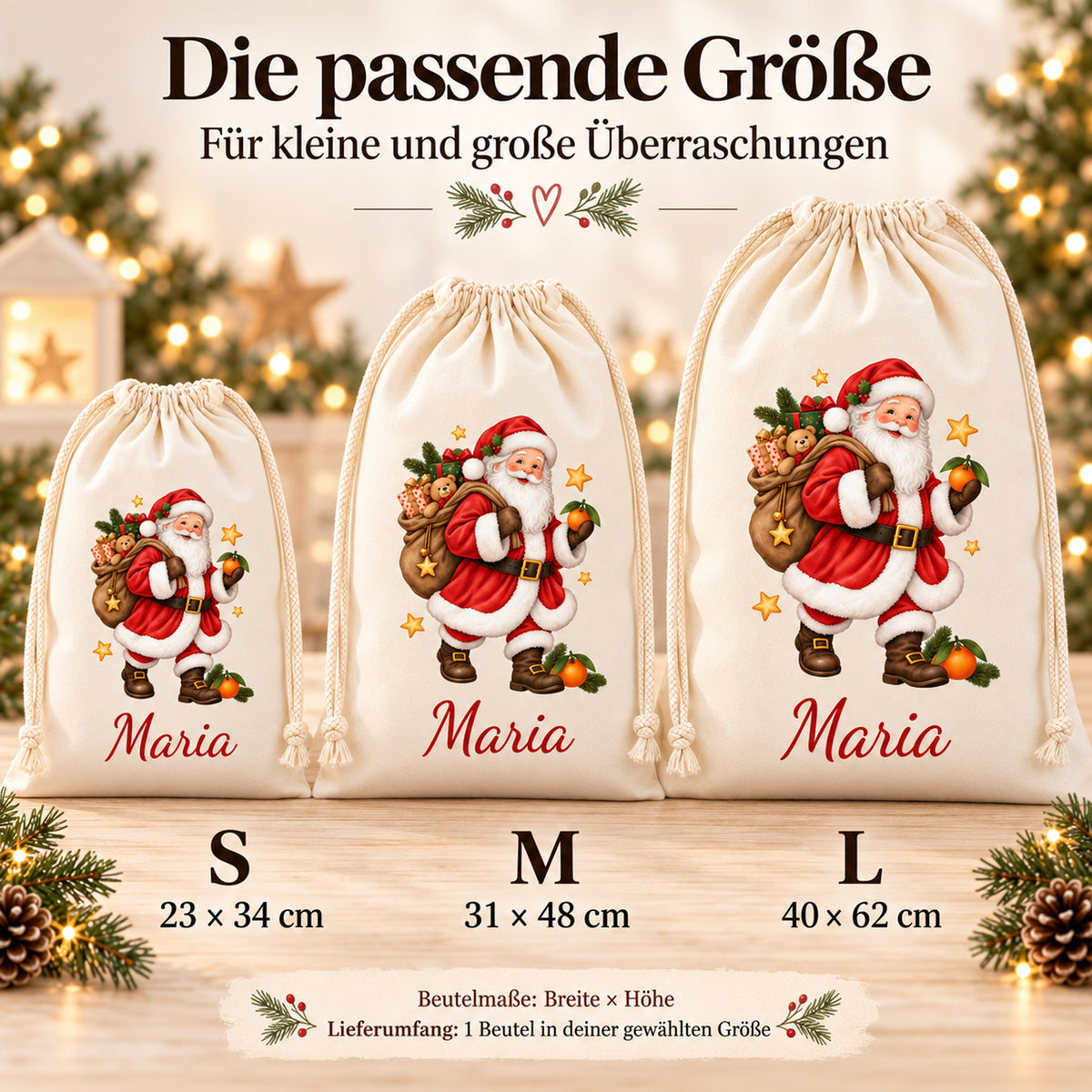 Nikolaus-Beutel in S, M und L; Größenübersicht mit gerundeter Höhenangabe für L