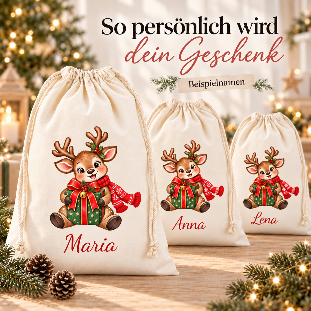 Drei Rentier-Geschenksäcke mit verschiedenen Beispielnamen in roter Schrift