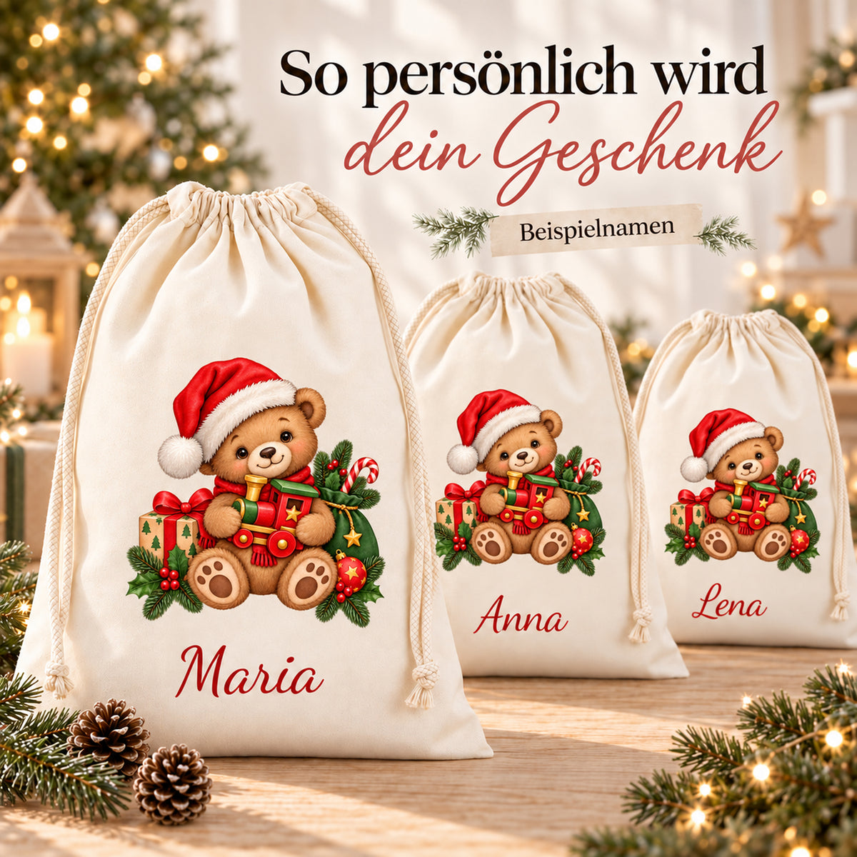 Drei Weihnachtsbär-Geschenksäcke mit verschiedenen Beispielnamen in roter Schrift