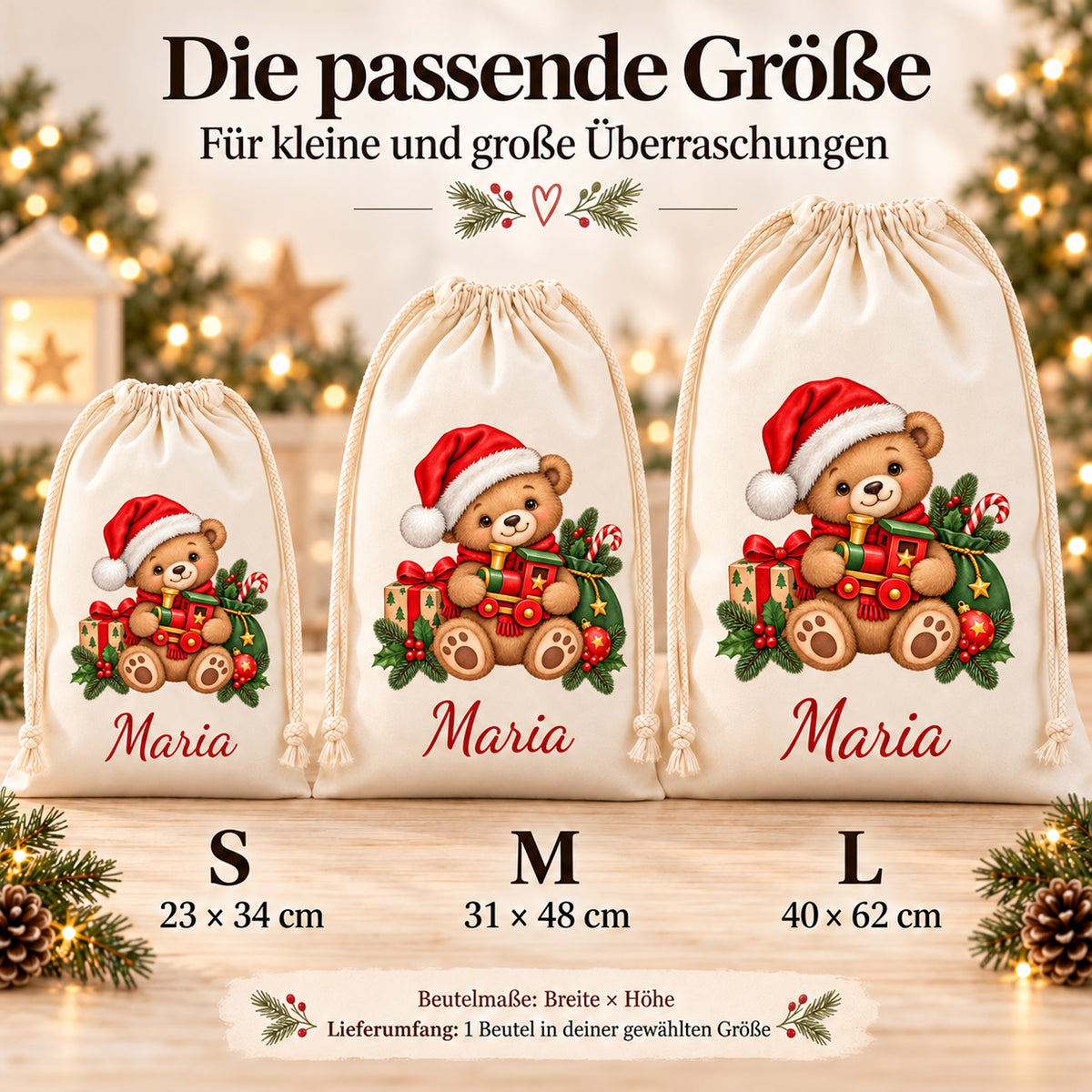 Weihnachtsbär-Beutel in S, M und L; Größenübersicht mit gerundeter Höhenangabe für L