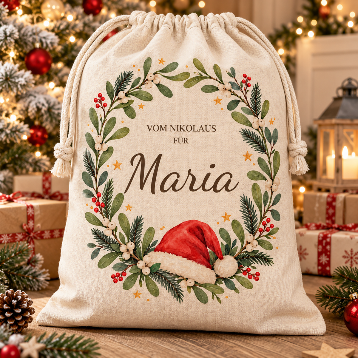 Personalisierter Baumwollsack mit Mützenmotiv und Wunschname vor heller weihnachtlicher Dekoration.