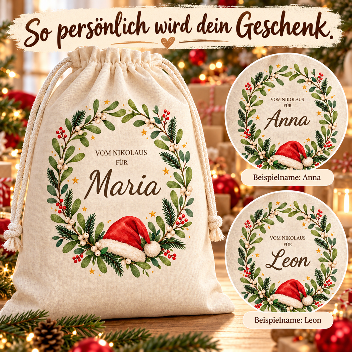 Personalisierter Nikolaussack mit Mützenkranz und Wunschname sowie zwei runde Detailansichten mit unterschiedlichen Namensbeispielen.