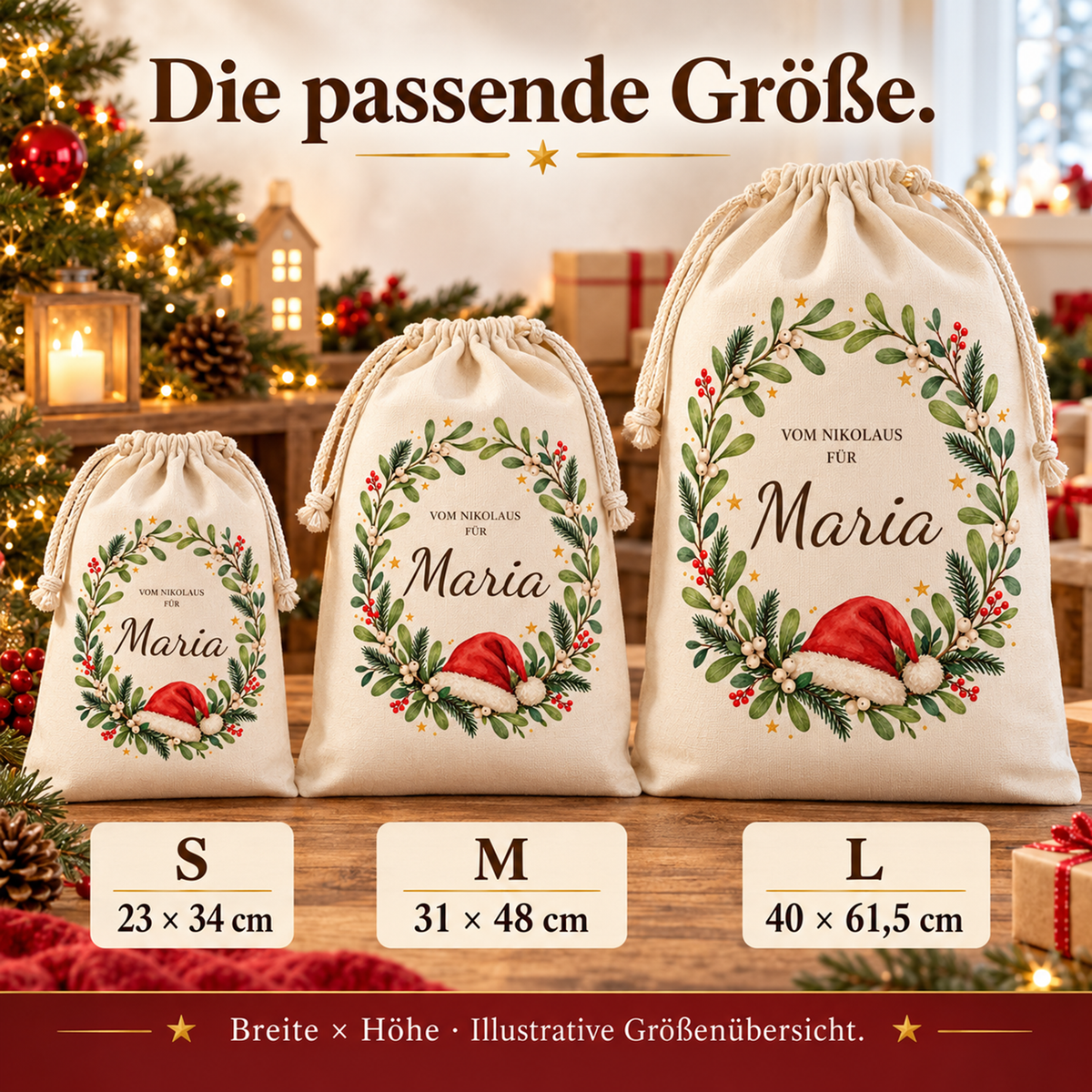 Drei Nikolaussäcke mit Mützenkranz im Größenvergleich: S 23 × 34 cm, M 31 × 48 cm und L 40 × 61,5 cm.