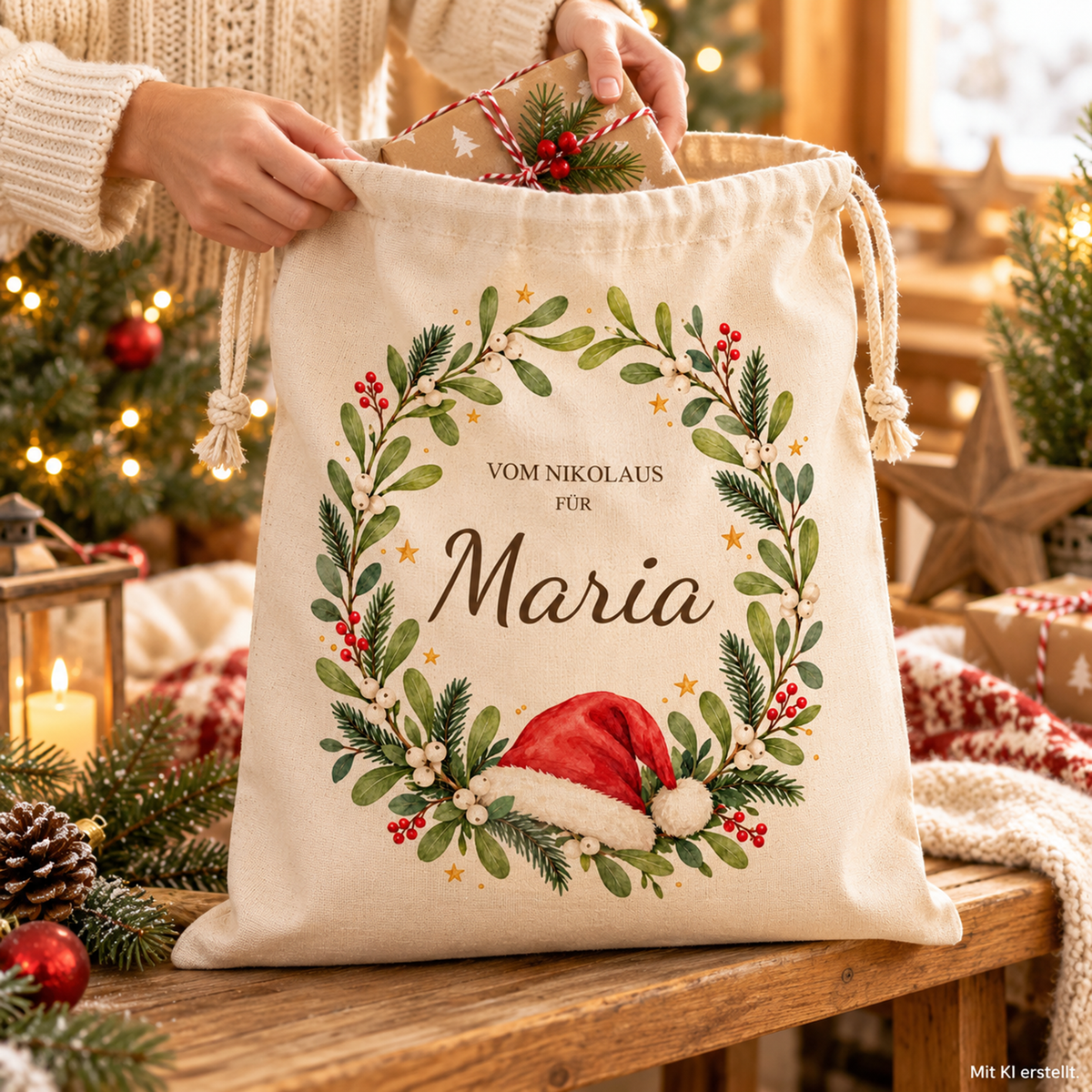 Hände legen ein verpacktes Geschenk in den offenen Nikolaussack mit Mützenkranz und Wunschname; Kennzeichnung Mit KI erstellt.