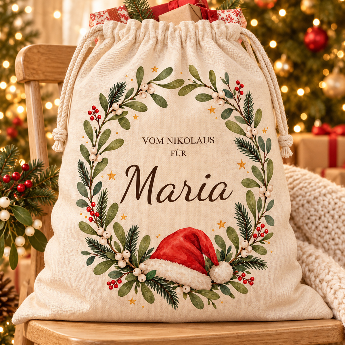 Nikolaussack mit roter Mütze im Mistelkranz und Wunschname, gefüllt mit Geschenken auf einem Holzstuhl vor Weihnachtslichtern.